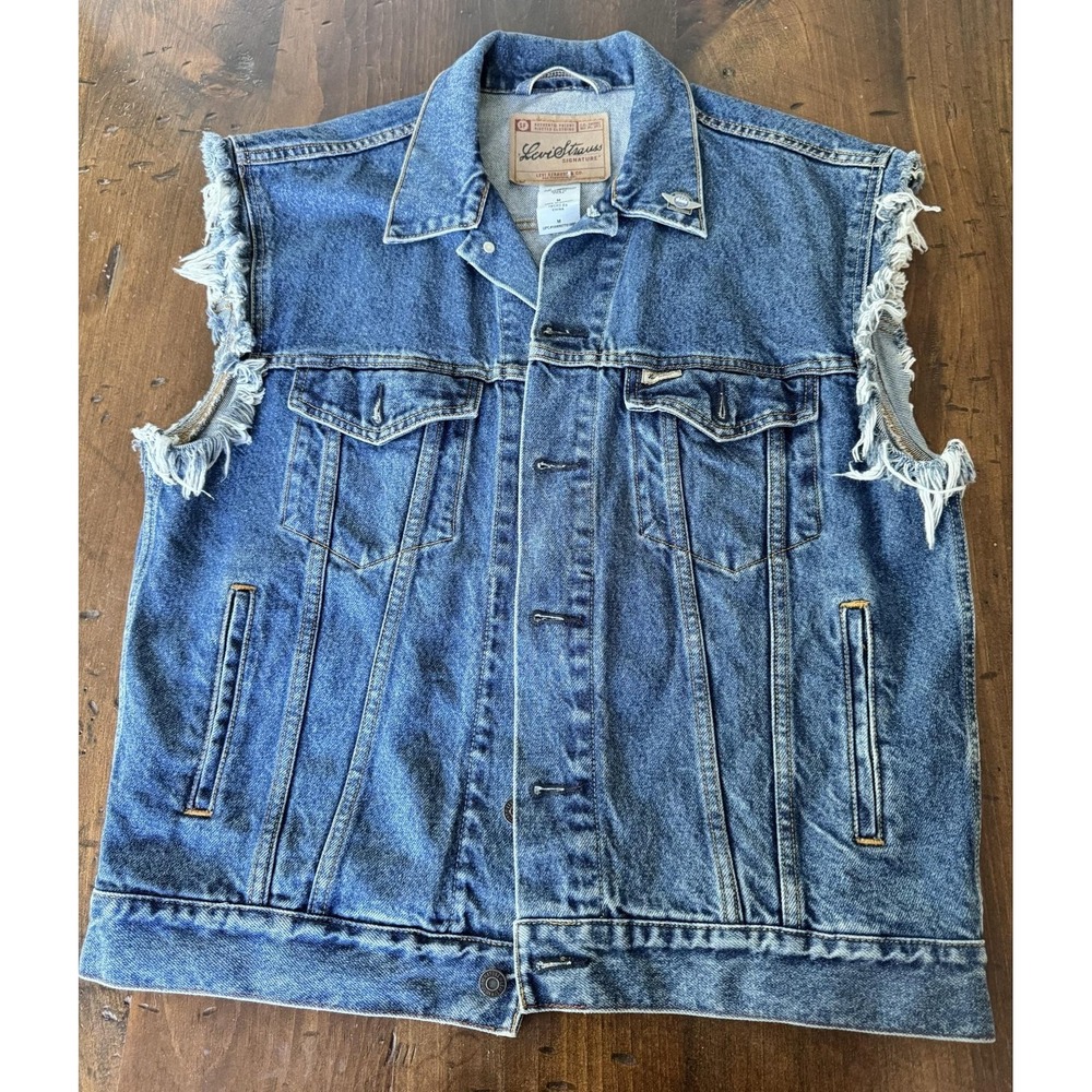 Levi Signature Vest Mens M Blue Denim Biker Cutoff Batwing Skull Back Patch - Picture 8 of 16